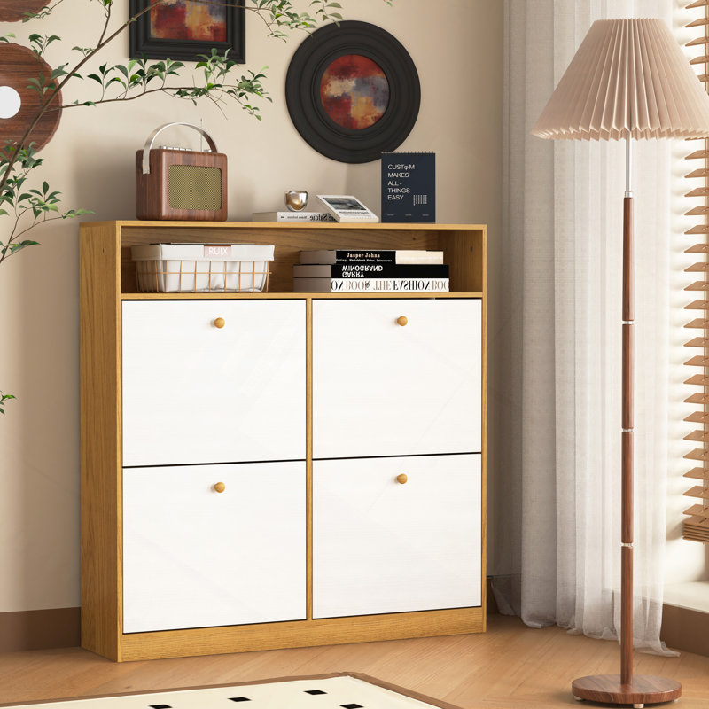 Armoire à chaussures avec 4 tiroirs rabattables et poignée en bois, Naturel