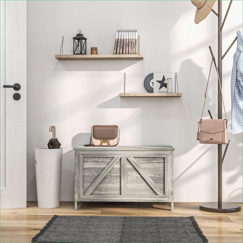 Storage Chests, 30 Inch Lift Top Farmhouse Storage Chest, Slate Gray Wood Grain, Safety Hinge | Particle Board | Bedroom