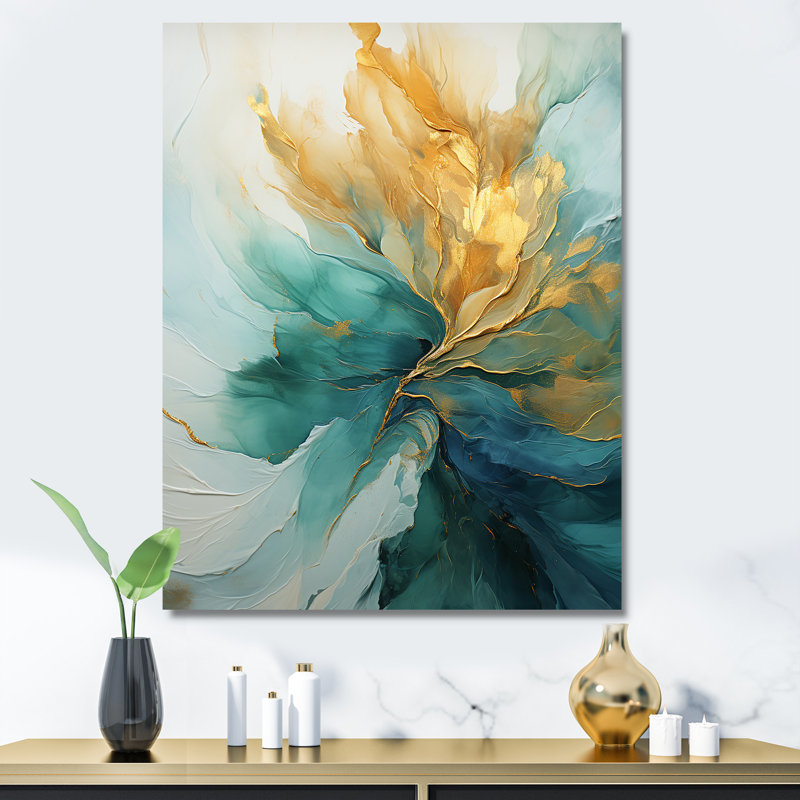 Gold And Teal Aurora Harmony  - Abstract Spirals Canvas Art Print, 20" H x 12" W, Wrapped Canvas, No Frame