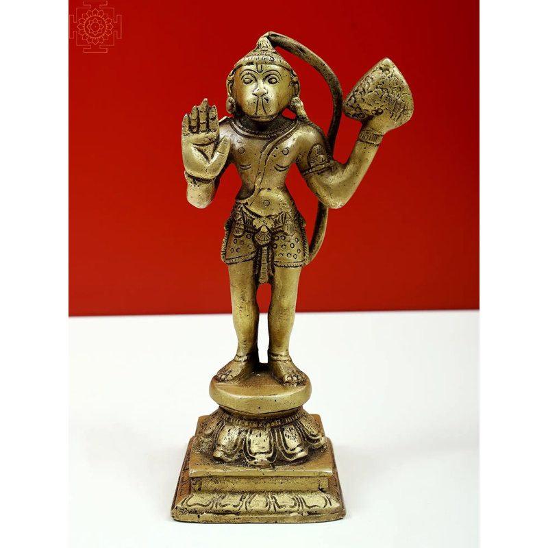 Statue de lord Hanuman de 6 po en laiton tenant le mont des herbes de Sanjeevani - Idole dévotionnelle artisanale pour temple intérieur