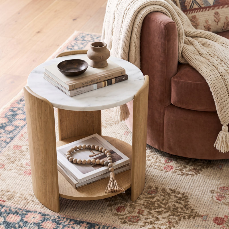 Jadida Modern Oak Veneer Wood Legs Round Marble Top End Table, Natural