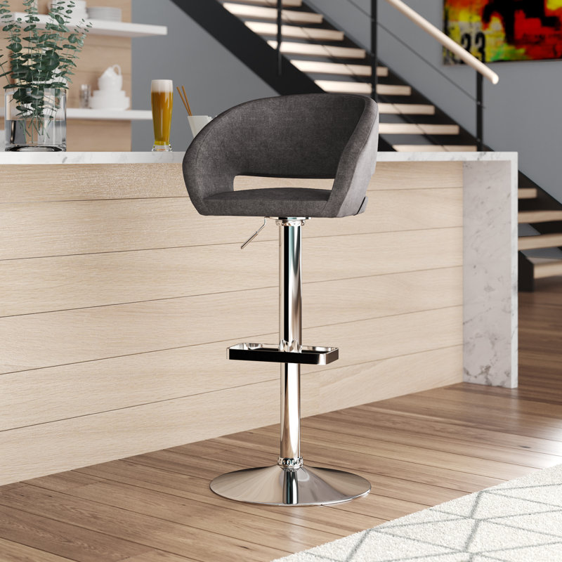 Tabouret de bar contemporain à hauteur réglable en vinyle avec dossier moyen arrondi, Chrome, Gris anthracite