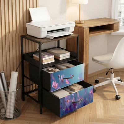 Table de chevet 2 tiroirs avec station de charge, table de chevet de chambre à coucher avec ports USB, tablette ouverte noire, table de chevet avec papillons magiques, fleurs pastel
