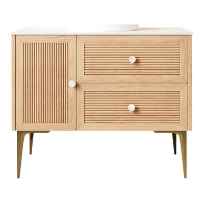 Armoire de salle de bain autoportante 36 po, chêne, plateau en pierre frittée blanche, deux tiroirs et une porte, sans lavabo, contreplaqué haute résistance pour une esthétique soignée