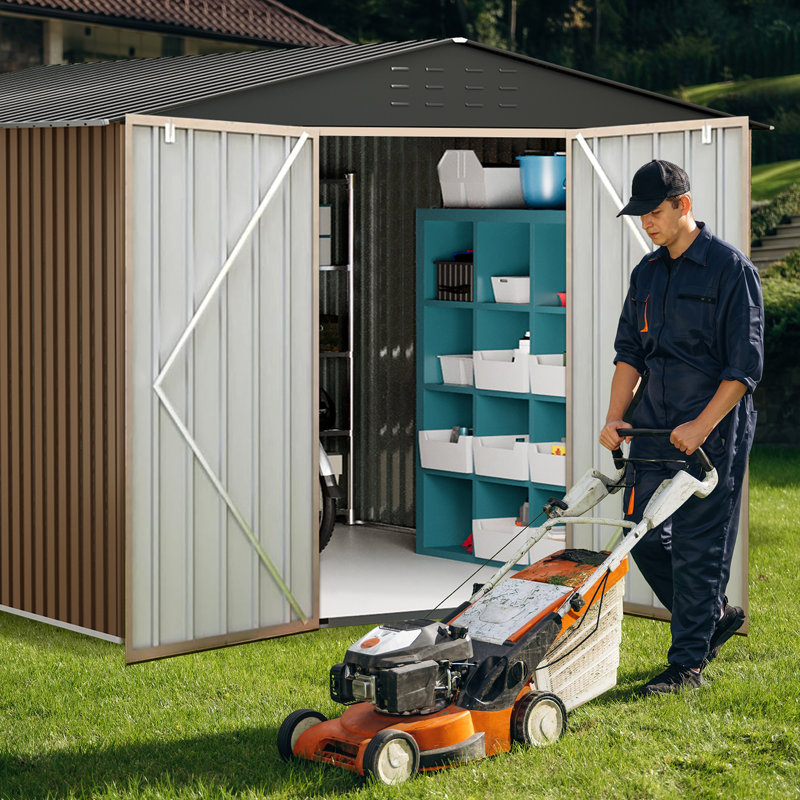 Outdoor Metal Shed – 8x12 Ft Utility Tool Storage – with Lockable Doors, Sturdy Frame, Large Garden Shed Ideal for Backyard, Patio, Lawn (Brown)