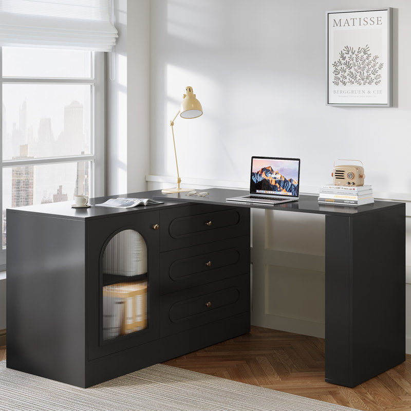 78" Modern White Reversible Computer Desk with Drawers and Storage Cabinet, Black