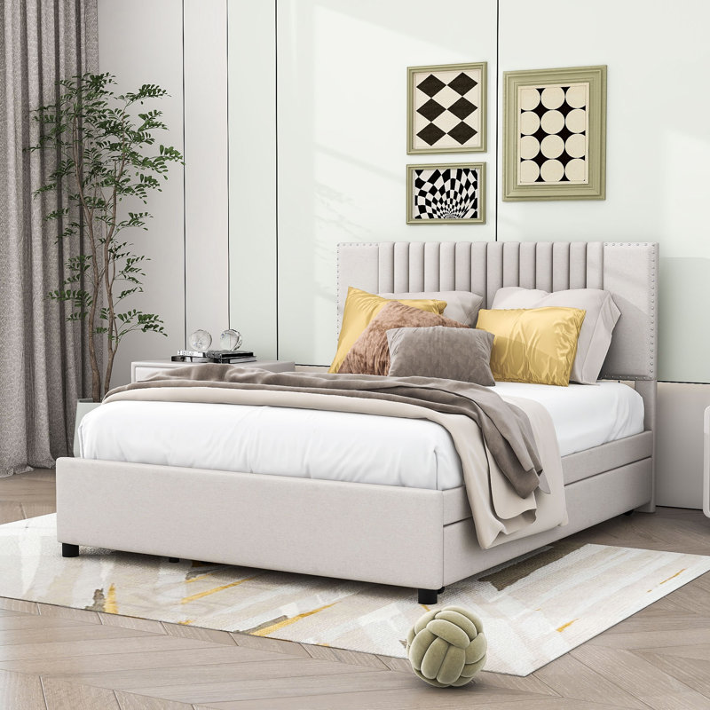 Wood Upholstered Platform Bed with Drawers, Trundle and Headboard, Full, Beige