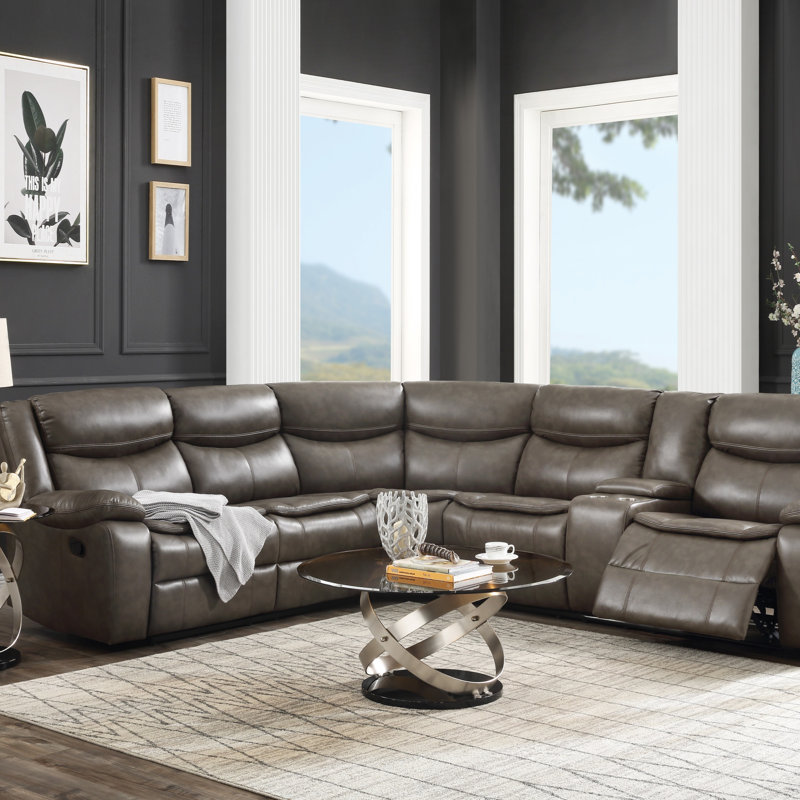 Canapé modulaire inclinable manuel en similicuir avec porte-gobelet