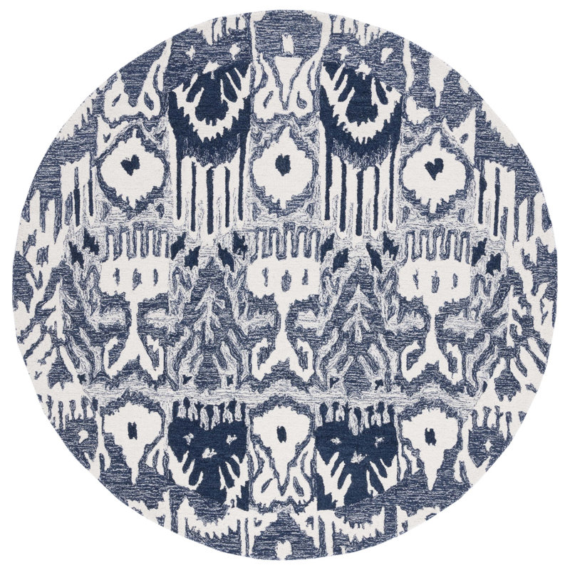 Ikat Hand Tufted Wool/Cotton Ikat Rug in Ivory/Blue, Round 6'