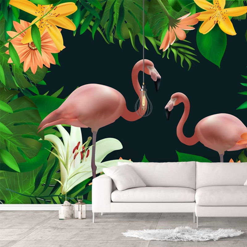 Murale flamant rose et fleurs en fleurs, L 100 po x l 144 po