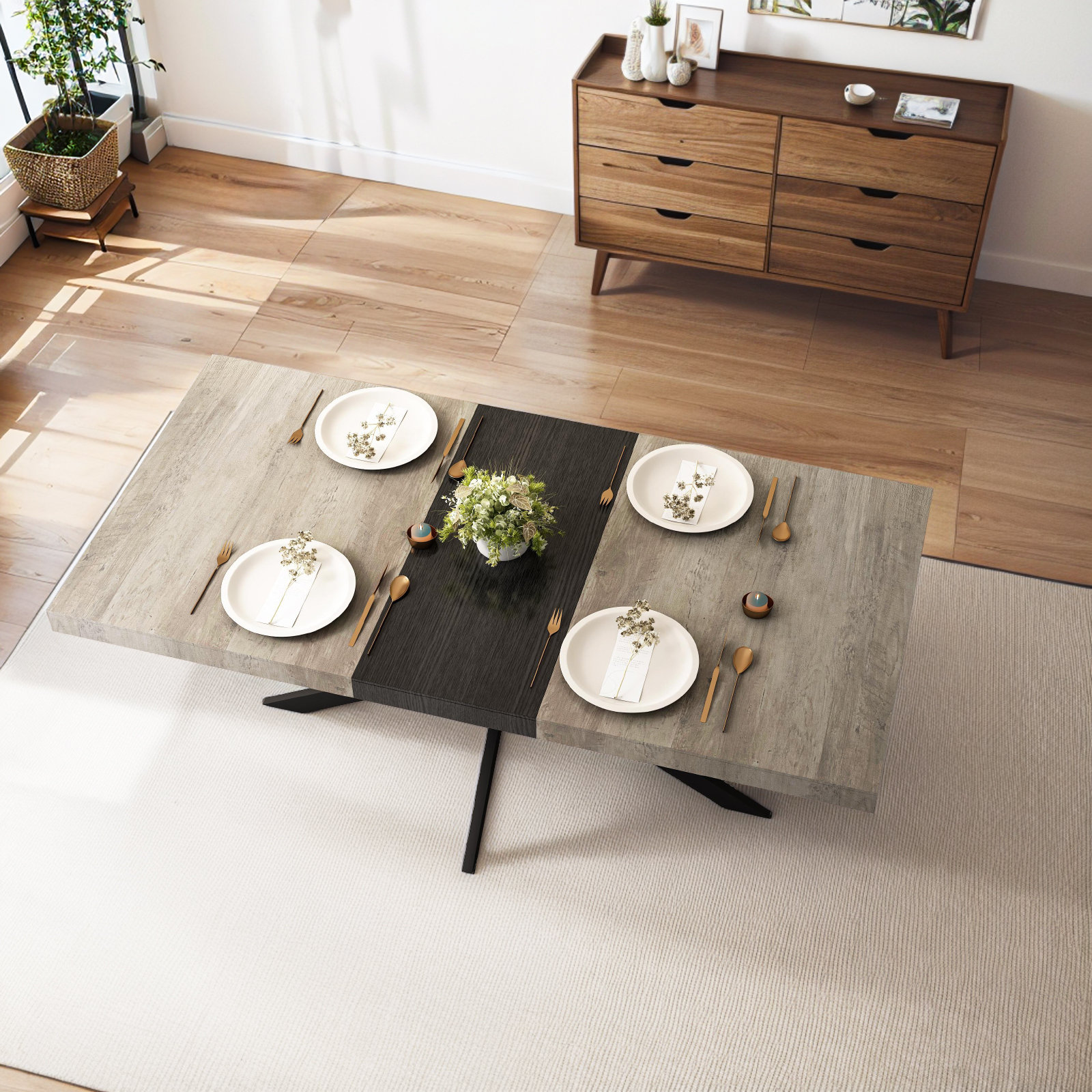 17 Stories Retro Rectangular Stretch Dining Table With Black Fine Sand ...