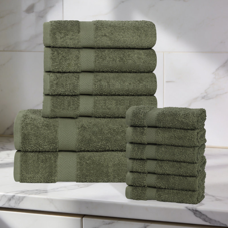 Lightweight Cotton Quick-Drying Bathroom Towel Set, 12 Piece Towel Set, Forest Green