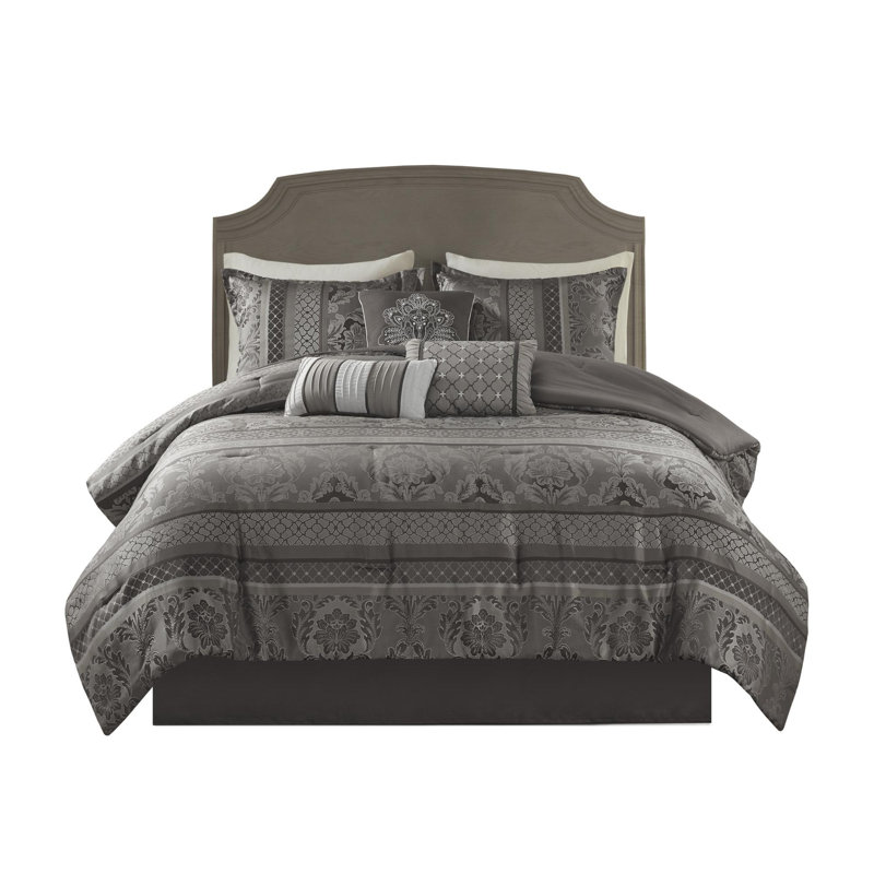 Ensemble d'édredon en polyester jacquard 7 pièces, Gris, Grand édredon et 6 pièces supplémentaires