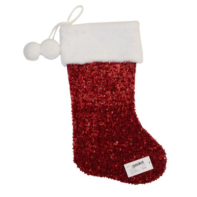 Season's Design Christmas 20in Red Stocking White Fur Cuff Pom Poms