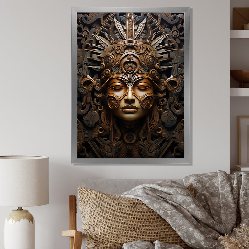 Masque aztèque antique sur toile, H 20 po x l 12 po x P 1 po, Cadre simple argenté