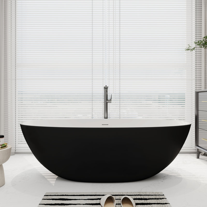 71" Freestanding Tub Solid Surface Freestanding Soaking Bathtub(White Inside And Black Outside)