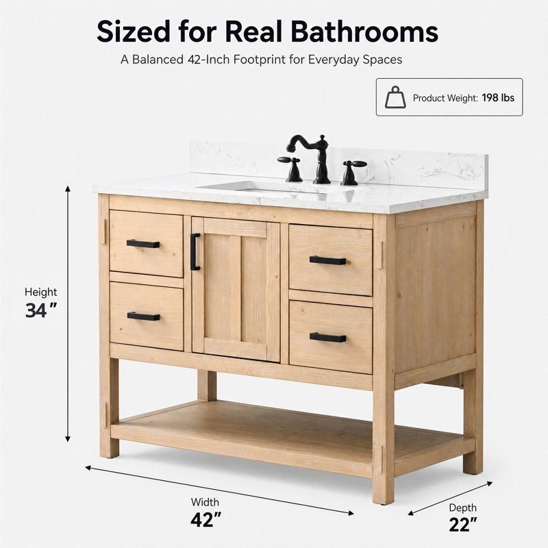 Meuble-lavabo simple autoportant de 42 po avec plateau en pierre d'ingénierie Marissa, Teak White Rustic