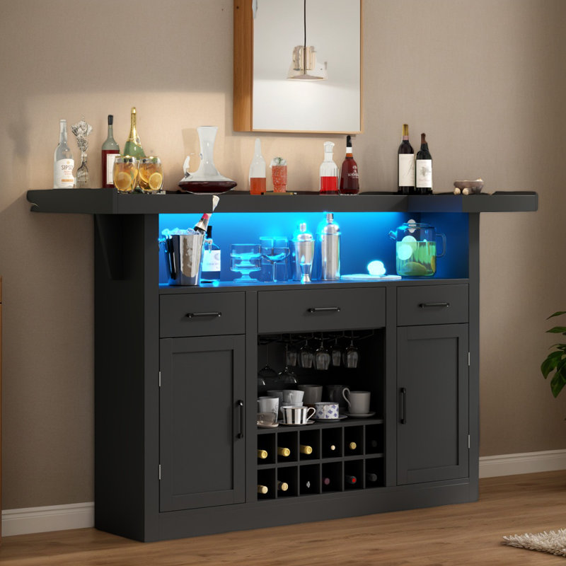 Bar Table Cabinet With LED & 3 Drawers, Liquor Bar With Door For Home Pub, Black