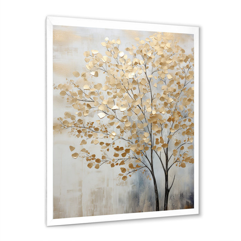 Minimalisme, scène d'arbres bleus et dorés - Art mural arbres, H 44 po x l 34 po x P 1,5 po, Cadre simple blanc
