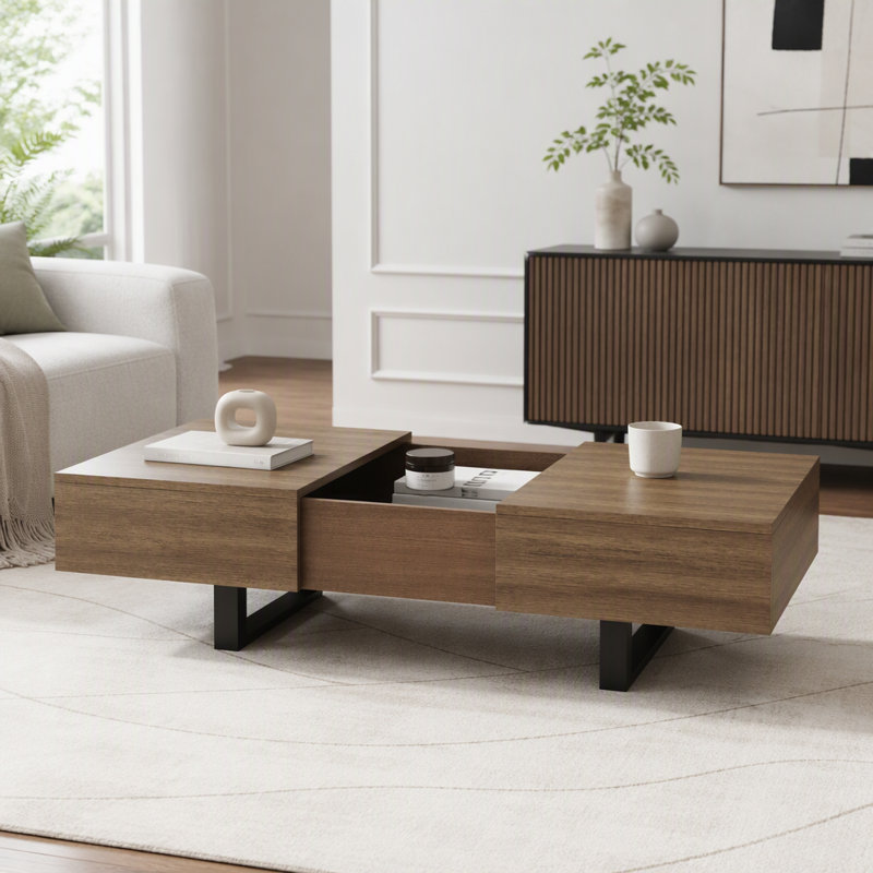 Table basse coulissante avec rangement dissimulé, Noyer