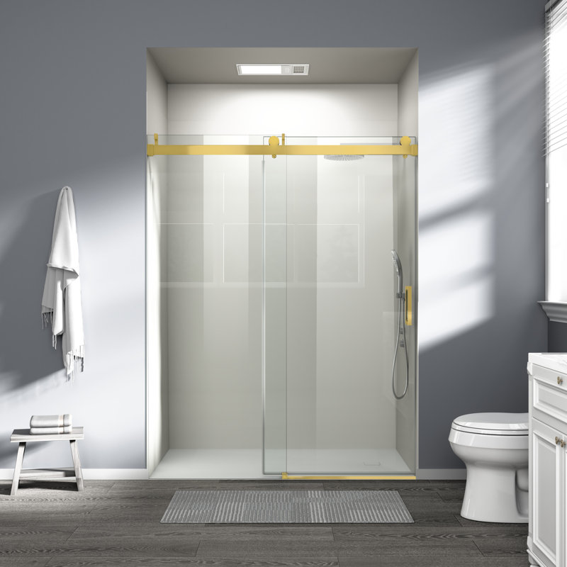 Porte de douche sans cadre de 56 à 60 po x H 76 po en verre trempé coulissant à fermeture douce avec revêtement antidéflagrant, doré