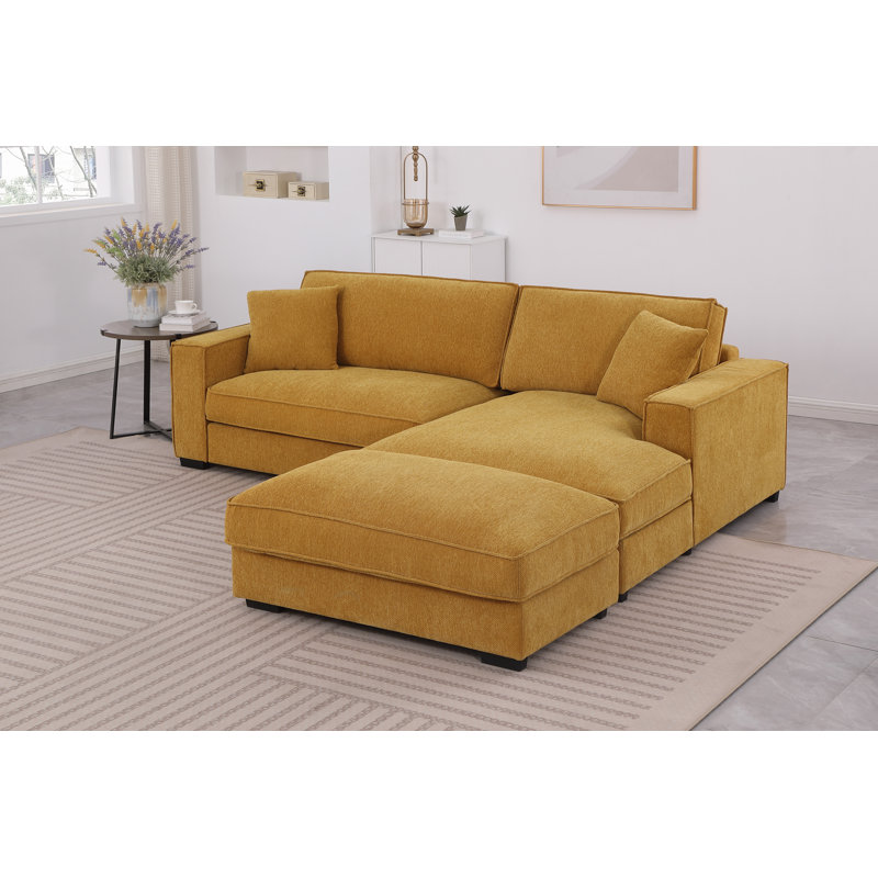 Canapé modulaire à assise large avec repose-pieds Chira, Accoudoir à droite (vu de face), Chenille jaune