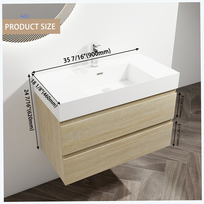 Meuble-lavabo simple 35,4 po avec plateau en céramique Hamdia, Chêne clair