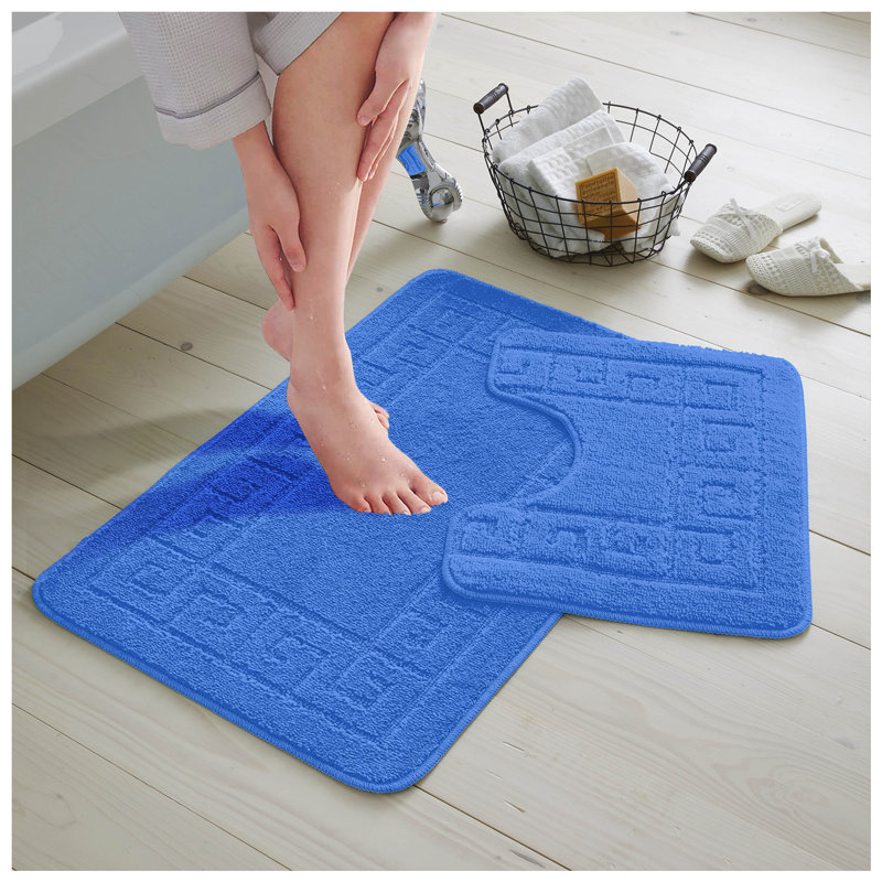 2 Piece Bathroom Rug Set Greek Key Pattern Bath Mat & Pedestal Mat Non Slip Rubber Back Soft Absorbent Mats, Blue