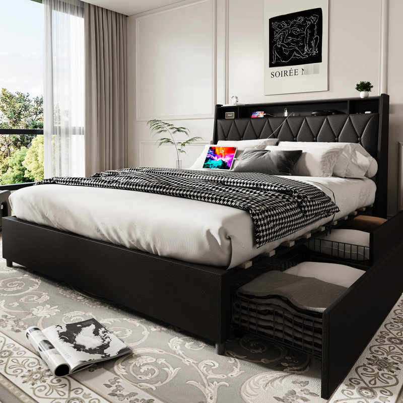 Ergonomic Headboard Full Platform Bed Frame With Storage & Outlets, Quiet, Metal, Black, No Box Spring, Bedroom Brilliance Headboard, Storage, And Noise-, , Size, Black
