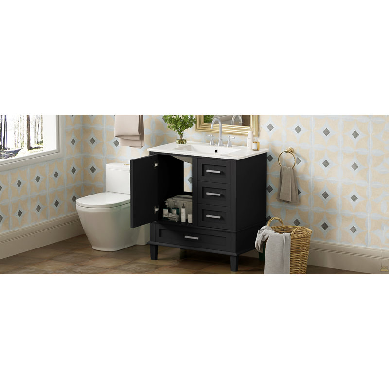 Ensemble de meuble-lavabo moderne avec lavabo 30 po, meuble-lavabo moderne avec porte à fermeture douce et 3 tiroirs, structure en bois massif (noir)