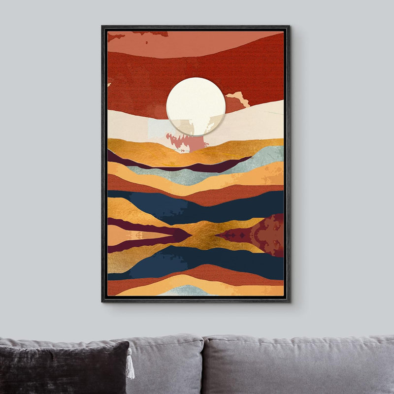 Soleil, chaîne de montagnes, rouge, paysage abstrait, illustrations, moderne, rustique, Noir, H 36 po x l 24 po