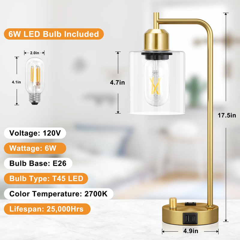 Table Lamp for Bedroom, Clear, Gold