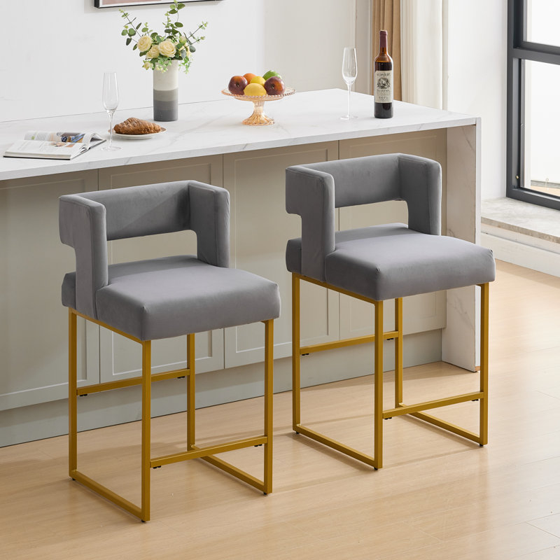 Tabouret de comptoir rembourré de 26 po avec structure en métal (ensemble de 2), Doré, Gris