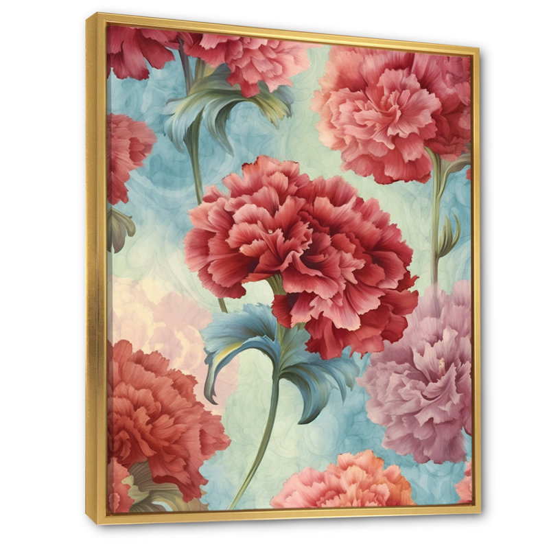 Harmonie des œillets rouges sur toile, H 40 po x l 30 po x P 1,5 po, Cadre flottant doré
