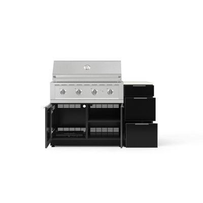 Ensemble d'armoires d'extérieur en aluminium noir 4 pièces avec 3 tiroirs, armoire de barbecue, barbecue au propane liquide 40 po et plateau noir Dekton 16 po