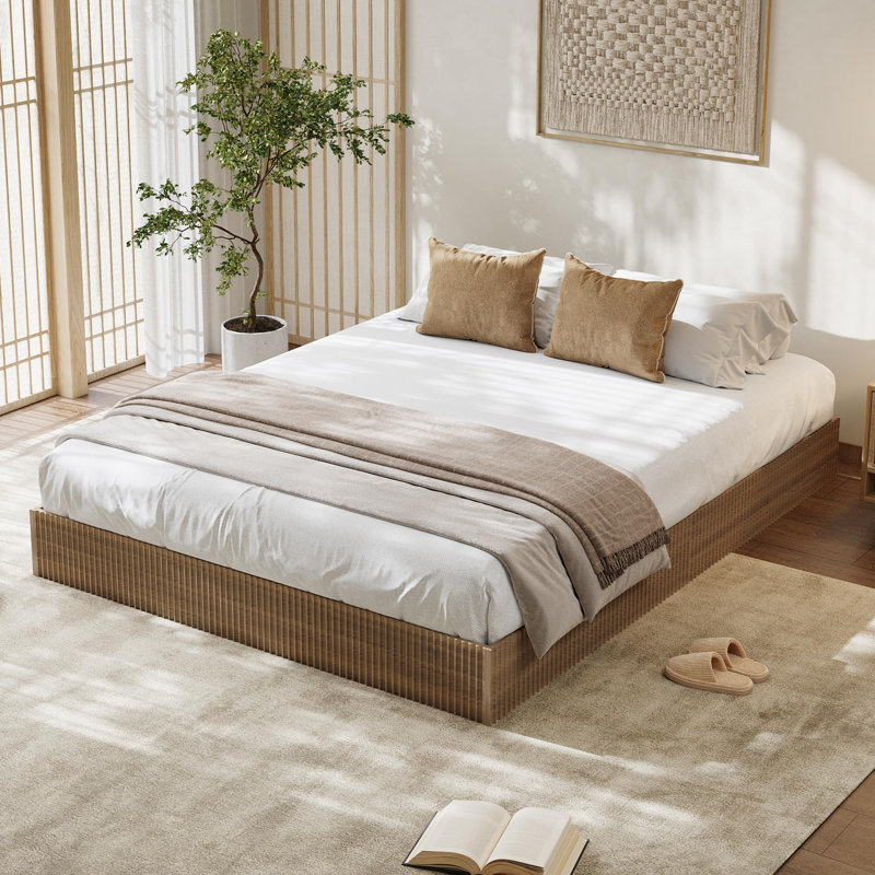 Base de lit en bois, lit plateforme en bois avec conception cannelée, base de lit avec support d'étude, assemblage facile
