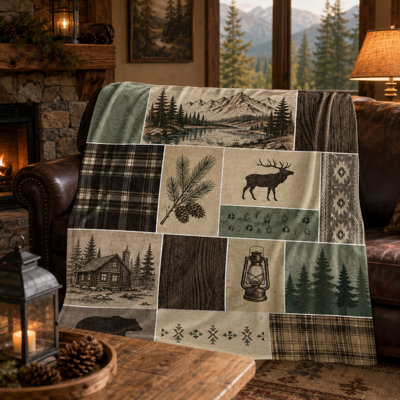 Rustic Cabin Patchwork Flannel Throw Blanket with Bear, Elk, Lantern and Mountain Lake, Plaid Woodland Print for Couch Bed Lodge Reading Chair, 30 x 40 in
