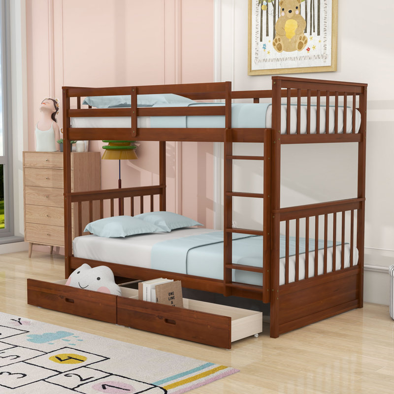 Twin-Over-Twin Bunk Bed With Storage Drawers And Ladder, Walnut