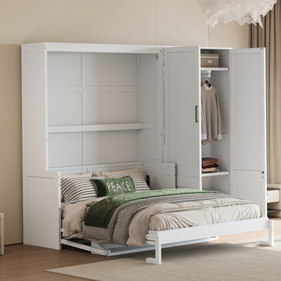 Grand lit escamotable avec placard, blanc