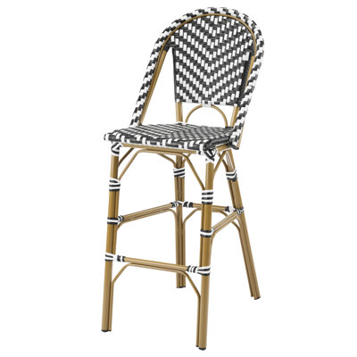 Tabouret de bar français en rotin PE avec structure en aluminium et finition bambou - 45,6 x 62 x 116,1 cm - Rotin PE et aluminium - Lot de 4 - Tabouret de bar - Noir et blanc - Hauteur d'assise : 75 cm