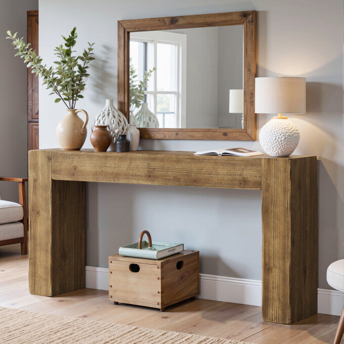 Console en bois massif de 63 pouces, table d'entrée de ferme, table d'appoint, Brun