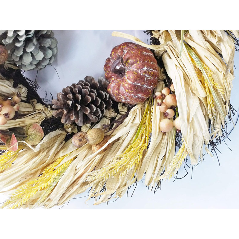 24 Inch Artificial Pumpkin Wheat Berry Corn Husk Wreath Thanksgiving Harvest