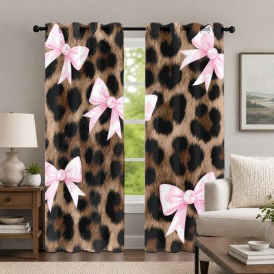 2Pcs Pink Bowknot Leopard-Print Curtains, Aesthetic Style Curtain, Stylish Animal Patterned Soft Aesthetic Printed Art Grommet Drapes, Window Treatment for Bedroom Living Room Decor