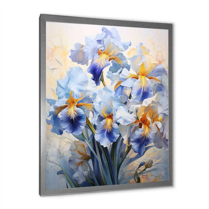«Blue and Yellow Minimalisme Irises», reproduction d'art sur toile, Cadre simple argenté, H 40 po x l 30 po x P 1,5 po