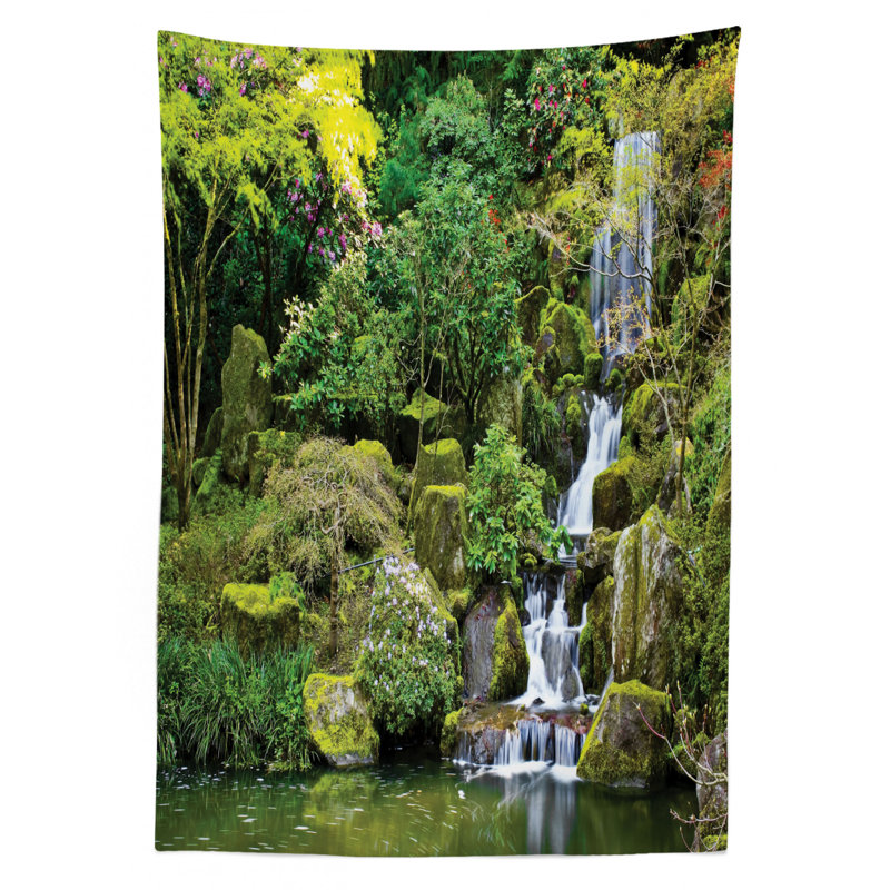 Ambesonne Garden Tablecloth, Pond In Style Garden Arboretum Trees Bush Foliage Rocks Waterscape Picture, Rectangular Table Cover For Dining Room Kitchen Decor, 52" X 70", Green White
