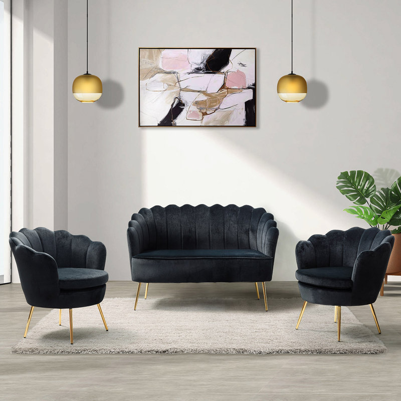 Hendrix Velvet Channel Tufted Living Room Set, Black