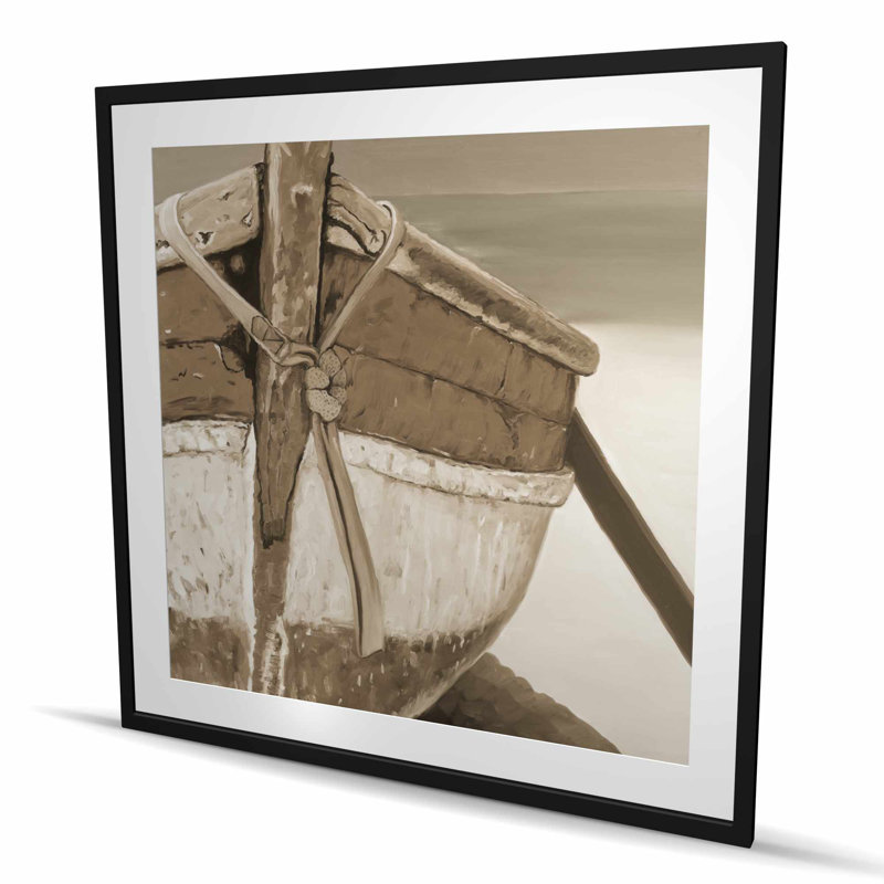 «Tied Up Rowing Boat - Coastal Beige», reproduction encadrée