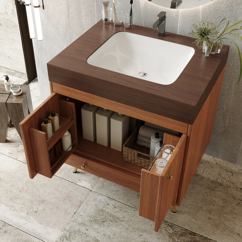 - Meuble-lavabo de style salle de bain avec surface en faux marbre, lavabo en céramique brillante, contreplaqué imperméable et base en acier inoxydable doré pour les petites salles de bain, comptoir, lavabo, rangement à double porte,