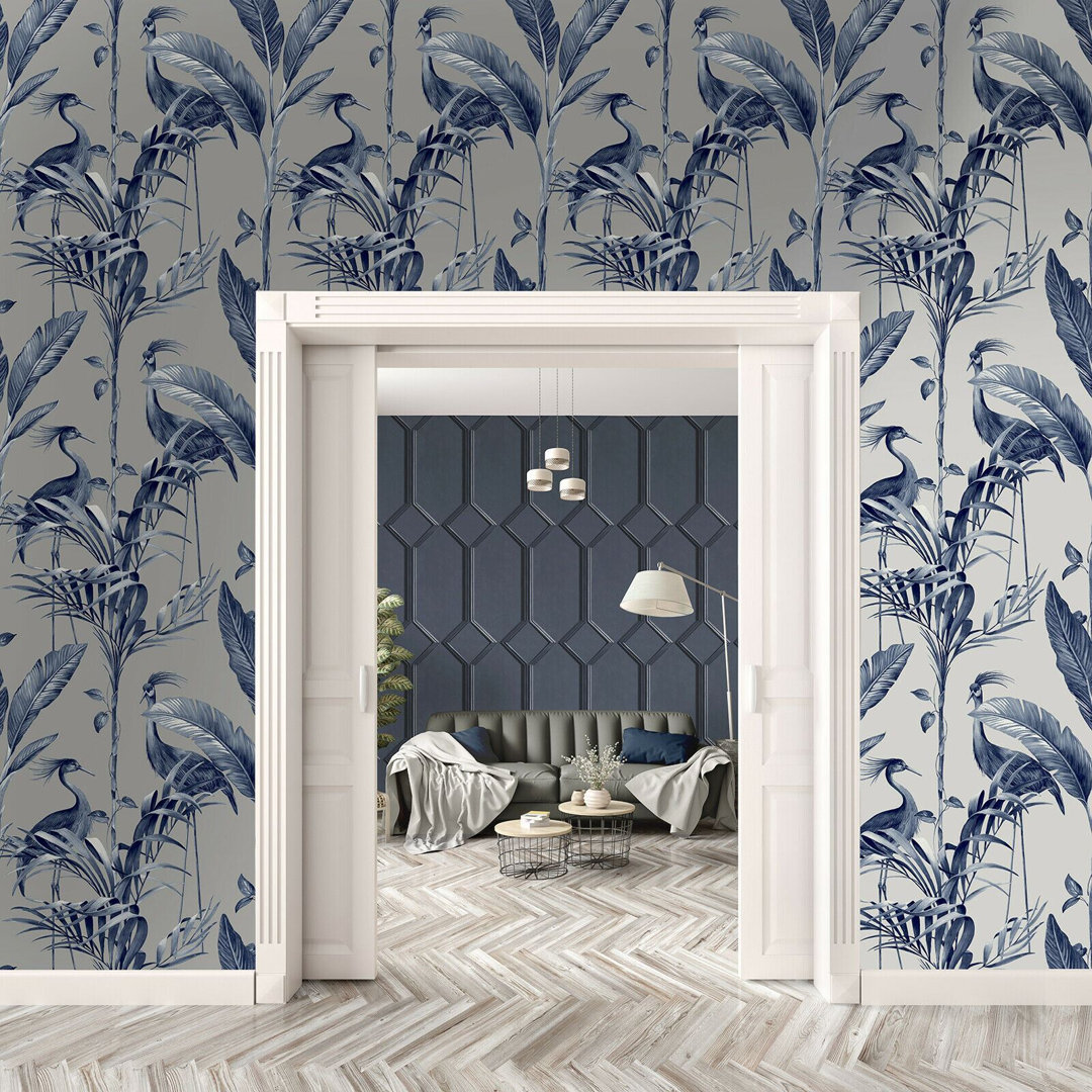 Belgravia Azzura Leaf Navy Blue Metallic Silver Tropical Birds Leaf Wallpaper