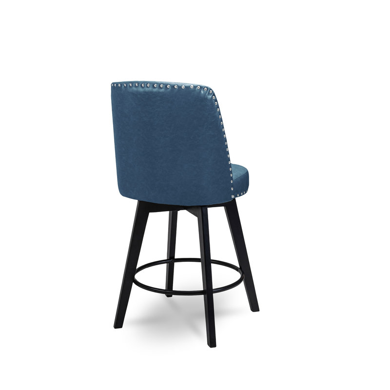 Navy Swivel Upholstered Counter Stools with Nailhead Trim, Set of 2